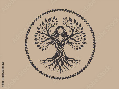 Stylized tree of life with female face emblem family tree folk art spirituality feminine branches illustration silhouette mythology fertility connection genealogy heritage creation
