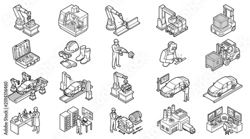 Collection of isometric line art illustrations depicting various industrial and manufacturing processes, machinery, and equipment.
