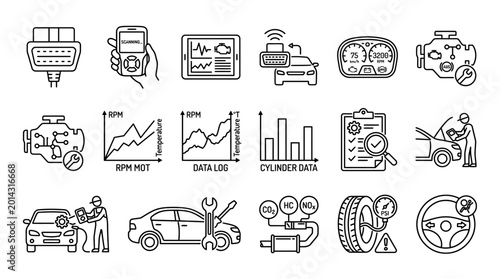Collection of line art icons representing automotive diagnostics, car repair, engine analysis, and vehicle data logging.