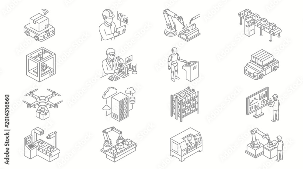 Fototapeta premium Collection of isometric line art icons representing various aspects of modern industry, automation, and technology.