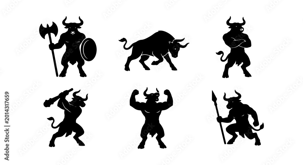 Naklejka premium Mythical Minotaur Silhouettes, Warrior Bull Icons, Ancient Greek Monster Vector Set
