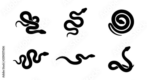 Foto Black Snake Silhouette Vector Set, Serpent Reptile Icons, Coiled Snake Graphics