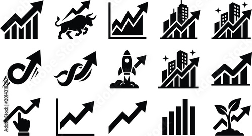 Billede på lærred Financial growth icons stock market investment and economic progress collection