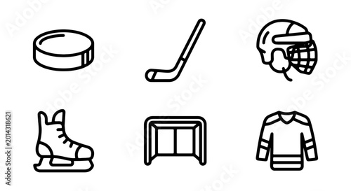 Photography Hockey Equipment Icons, Ice Sport Gear, Winter Game Symbols, Vector Set