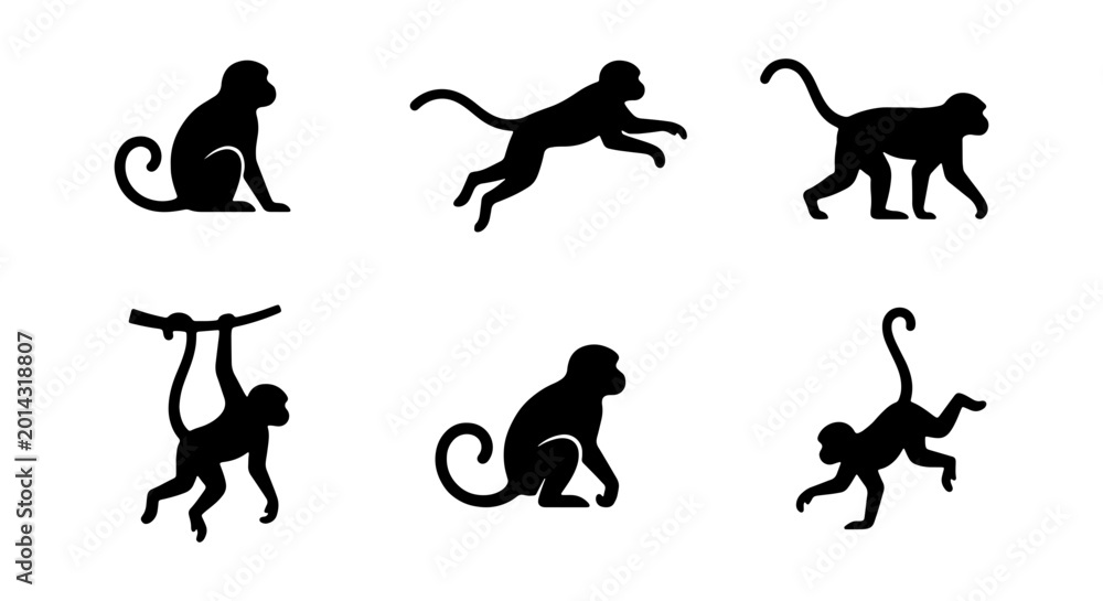 Fototapeta premium Monkey Silhouettes: Six Primate Poses, Jungle Animals Vector Set, Wildlife Icons