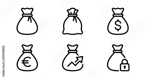 Cuadro en lienzo Money Bag Icons: Finance, Currency, Savings, Security, Growth, Vector Set
