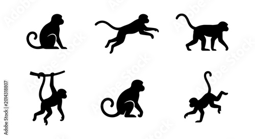 Photography Monkey Silhouettes: Six Primate Poses, Jungle Animals Vector Set, Wildlife Icons