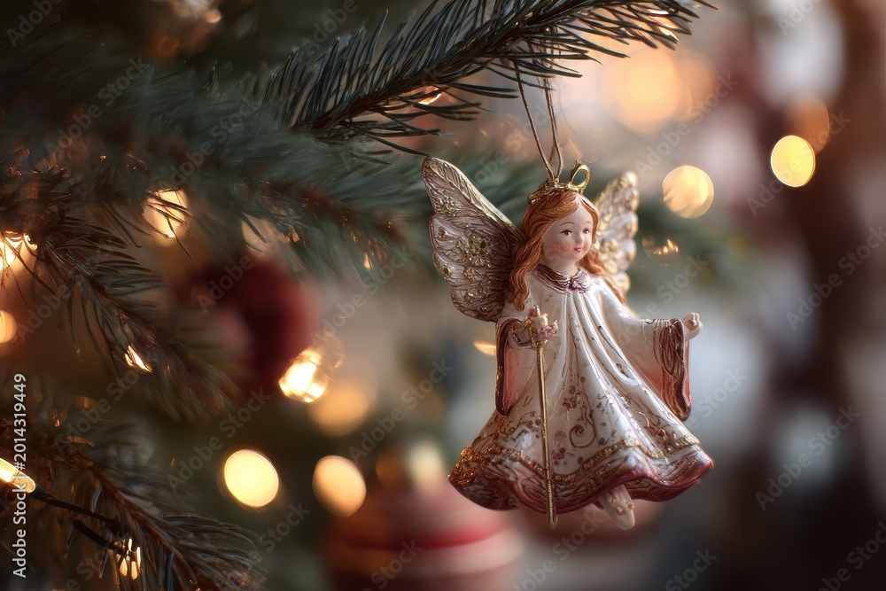 Fototapeta premium Macro shot of a holiday angel tree decoration with soft glow and textured gown