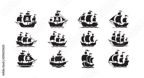 Photos Collection of sailing ship silhouettes and pirate vessel icons on white backgrou