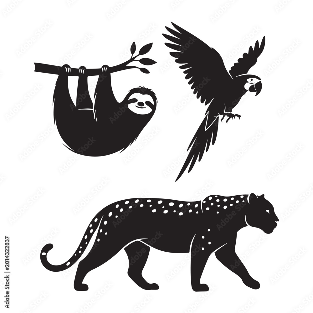 Naklejka premium Vector silhouettes of a sloth, macaw parrot, and jaguar. Ideal for jungle-themed designs, wildlife conservation graphics, and tropical nature branding