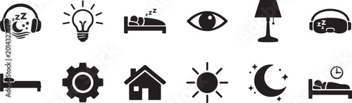 Fotografie Sleep icon set with bedtime, dreaming, relaxation and night rest vector symbols