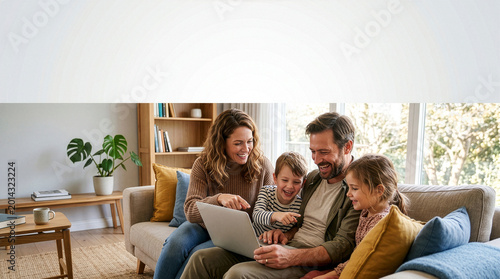 A happy family sits together in their home, gazing at a laptop