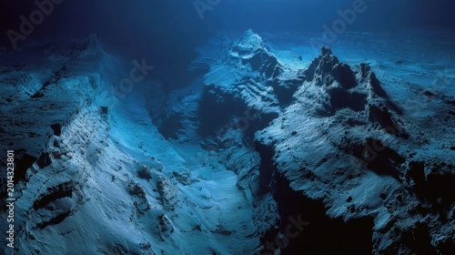 Rugged Deep Ocean Seafloor: Jagged rock ridges and shadowed canyons in a dark underwater landscape