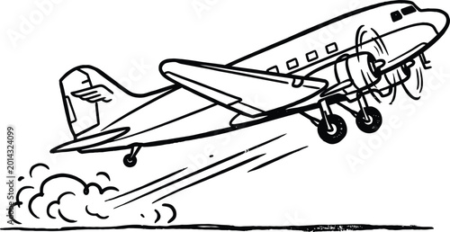 Vintage propeller airplane taking off black and white line art illustration