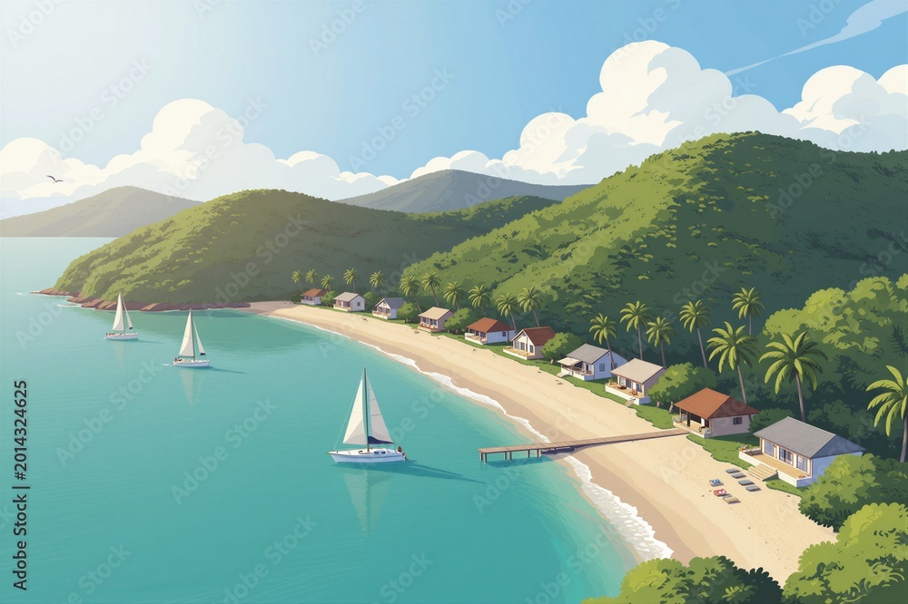 Naklejka premium A serene coastal landscape featuring sailboats on a turquoise sea near a sandy beach with small houses and palm trees under a bright blue sky.