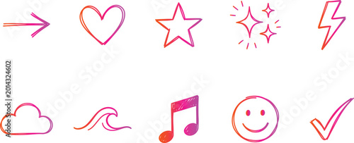 Hand drawn style icon set arrows hearts stars lightning clouds music and positive symbols