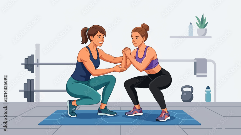 Obraz premium A personal trainer assisting a woman with her squat form in a gym.