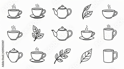 Bild auf Leinwand Tea Cups and Teapot Line Drawings.