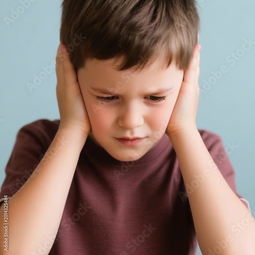 Young boy covering ears with a pained expression against blue backdrop  