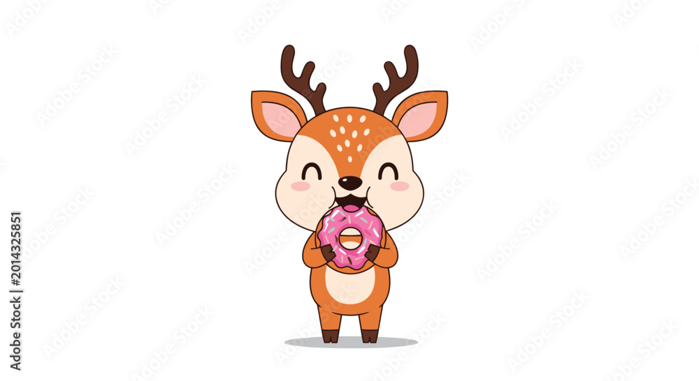 Obraz premium Adorable cartoon deer happily holding and eating a large pink glazed donut with white sprinkles on a white background.