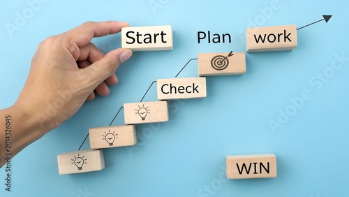 Business Planning Strategy Concept with Start Plan Work Check and Win Steps