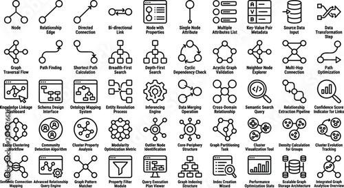 Foto Knowledge graph analysis outline icon set with node relationships entity resolut