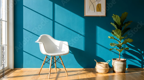 Modern Interior with Natural Light: A sunlit interior showcases a contemporary chair, potted plant, and decorative basket against a backdrop of striking teal walls.