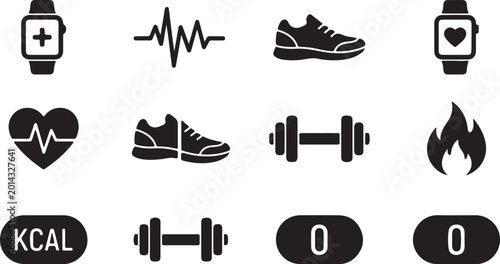 Black fitness icons set including watches, shoes, dumbbells, heart rate