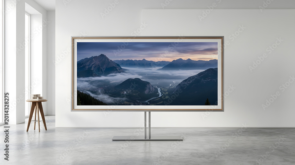 Fototapeta premium Modern interior with large screen displaying misty mountain landscape