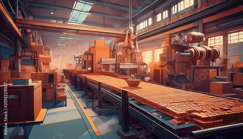 a factory with a conveyor belt of bricks and a machine that is making them
