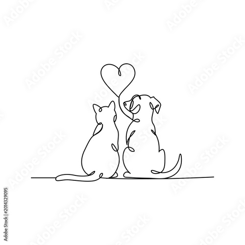 Continuous oneline drawing of cat and dog minimalist pet companionship art
