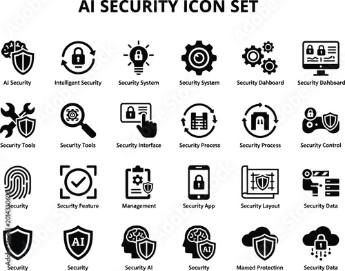 Collection of artificial intelligence technology and cyber security icons for modern data protection system development