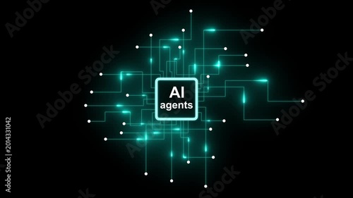 AI agents concept with glowing digital circuit board and processor chip unit.