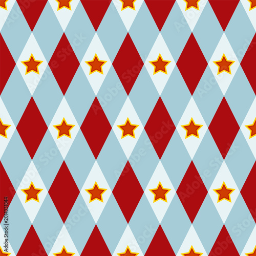 Circus Red and Light Blue Rhombus seamless Pattern with Gold Stars