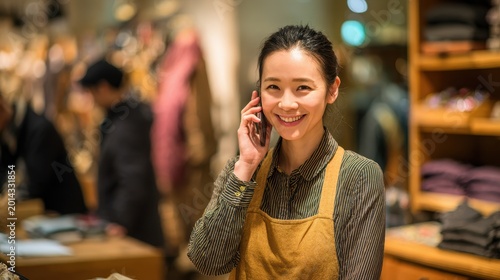 Smiling Asian woman talking on a smartphone behind the store counter in a retail setting