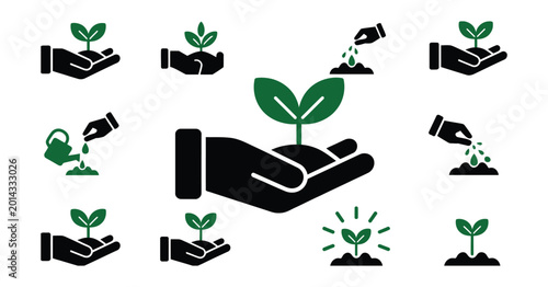 Foto Plant growth vector icon set showing seedling care, watering, and nurturing for sustainability and eco design projects