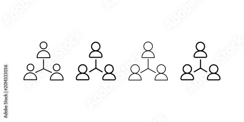 Teamwork icons, organization chart symbols, people network diagram, hierarchical structure, business group connection, employee relationship, family tree, vector.