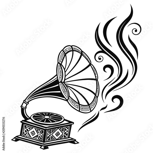 Slika na platnu Vintage gramophone emitting decorative sound waves and swirls with record player