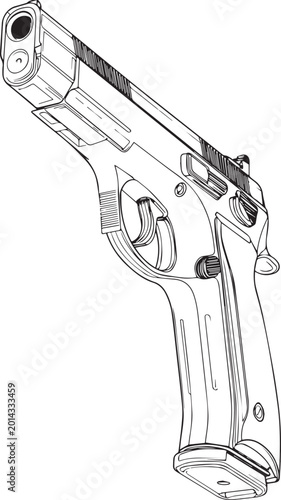 Black And White Semi Automatic Pistol Three Quarter View Drawing