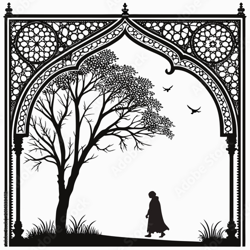 Photography Decorative archway with walking figure flourishing tree birds in, a large tree