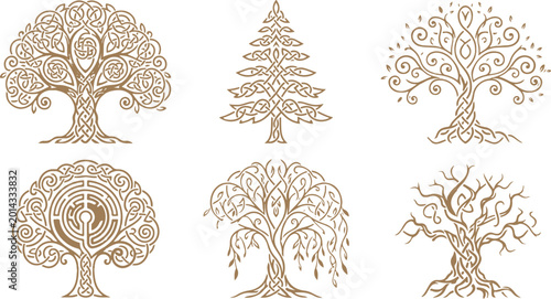 Photography Celtic tree of life icons set featuring ancient knotwork patterns and intricate mystical branches in decorative bronze finish for design