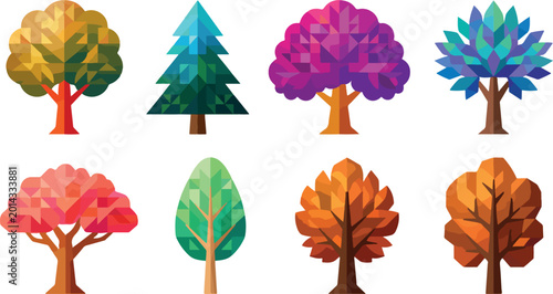 Photos Geometric polygonal trees and evergreen fir with vibrant gradient colors abstract natural shapes