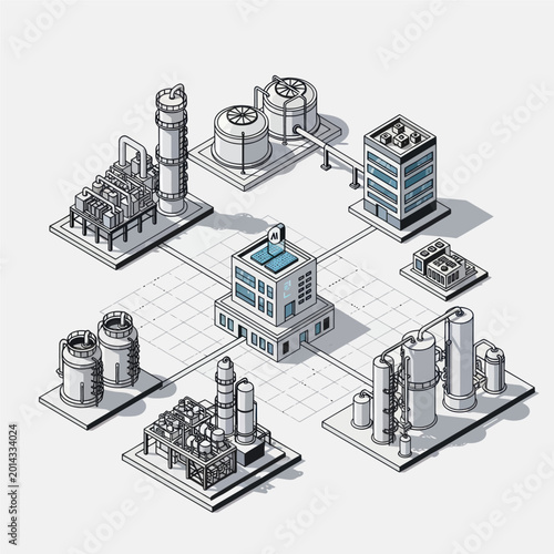 Isometric illustration of an industrial complex with connected buildings and infrastructure.