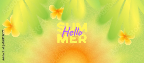 Summer horizontal abstract background with a gradient and texture, hand-drawn lines, sun, flowers, and leaves. Modern minimalist design template for sales, horizontal posters, headers, and covers