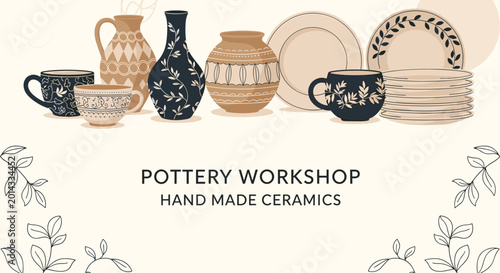 Assortment of beautifully decorated handmade ceramic pottery including patterned vases, cups, and plates on a clean light background.