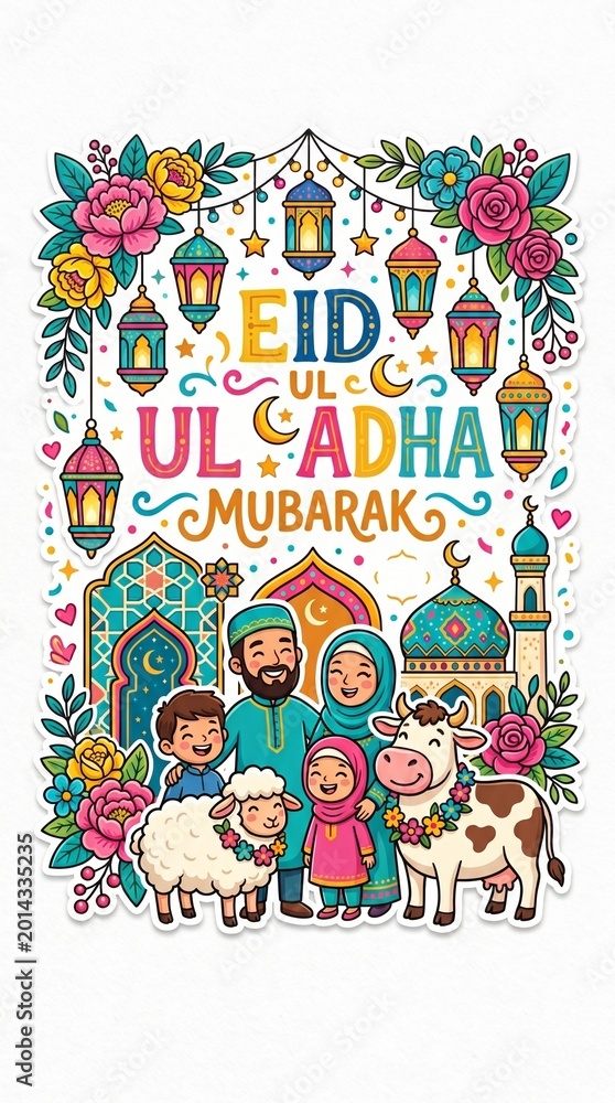 Fototapeta premium Eid Ul Adha Mubarak Greeting Card Design | Colorful Floral Cartoon Islamic Clipart Sticker