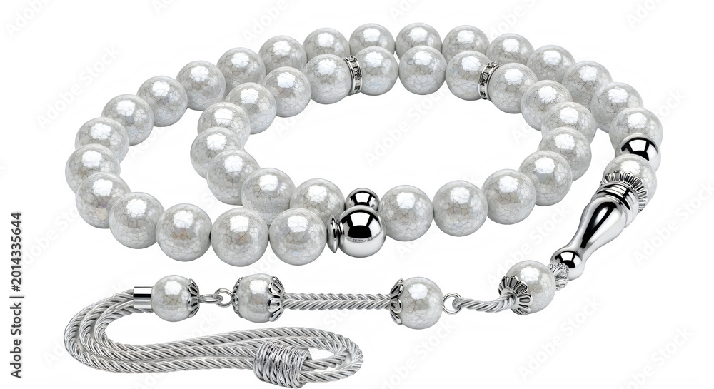 Obraz premium White pearl tasbih prayer beads with silver metallic tassel for spiritual islamic practice.