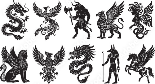 Obraz na plátne Mythical Creatures Silhouette Set Vector Collection – Dragon Phoenix Griffin Peg
