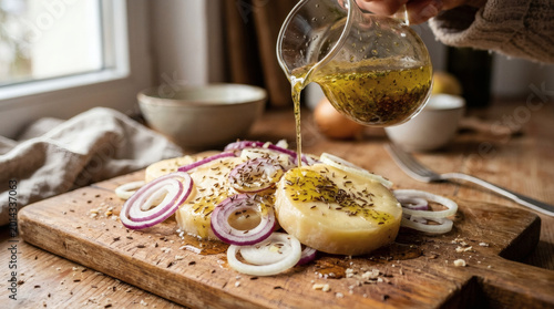 Handkäse Mit Musik with Vinaigrette and Onion on Rustic Cutting Board