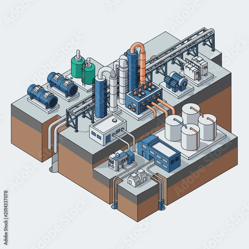 Isometric illustration of a modern industrial plant with processing equipment and storage tanks.